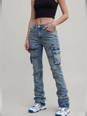 Waimea Stacked Fit Flare Cargo Jeans Distressed Patchwork Size 30x36